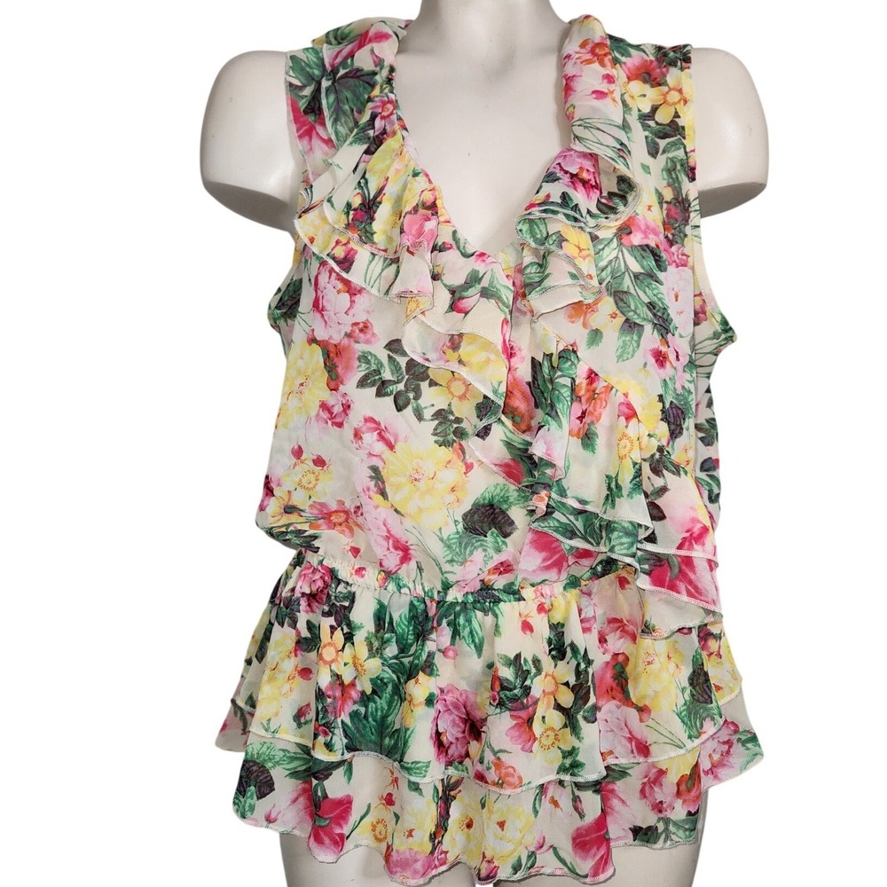 Bongo Womens XL Floral Ruffle Peplum Blouse Sleeveless V-Neck Pink feminine